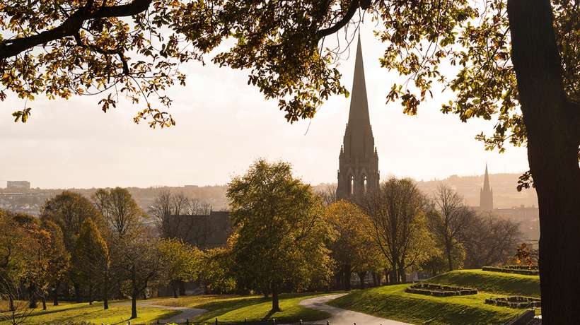 church on misty morning